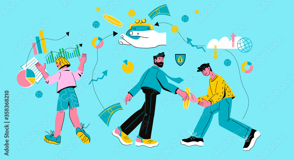 Money transfers and online secure transaction banner with tiny people making electronic payments and tracking the process of moving money. Cartoon vector illustration. Money transfers and online secure transaction banner with tiny people making electronic payments and tracking the process of moving money. Cartoon vector illustration.