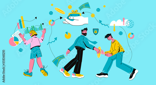 Money transfers and online secure transaction banner with tiny people making electronic payments and tracking the process of moving money. Cartoon vector illustration.
