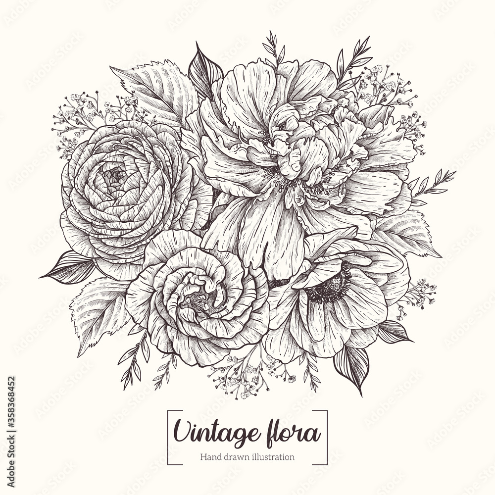 Peony, anemone, ranunculus, eustoma. Vector collection of hand drawn flowers. Vintage Botanical Flowers. Bouquet of flowers