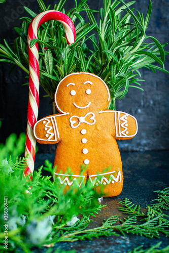gingerbread gifts and holiday, happy New Year. festive food background. top view copy space for text