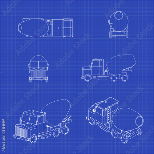 Different views concrete mixer truck. Vector set on blueprint.