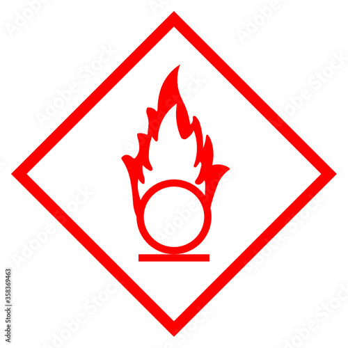 Warning flame over circle vector sign isolated on white background