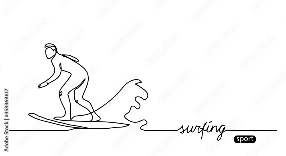 Surfer silhouette outline. Surfing simple vector background, illustration. One continuous line drawing and surfing lettering.