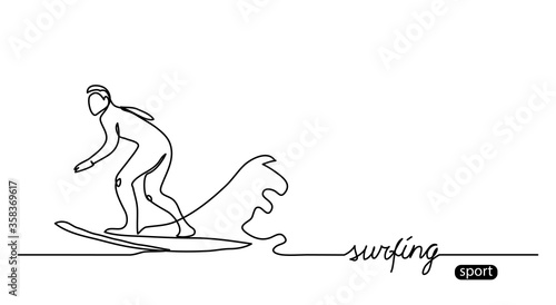 Surfer silhouette outline. Surfing simple vector background, illustration. One continuous line drawing and surfing lettering.