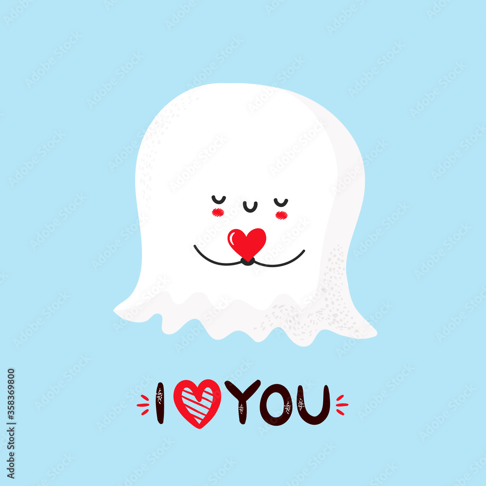 Cute smiling ghost holding heart in hands