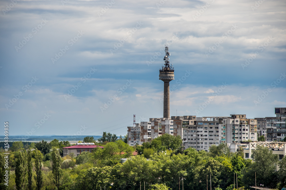 Aerial view of the Galati city in summer season and Television Tower, Romania