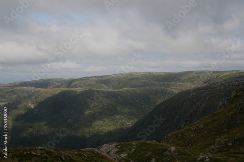 The landscape of Norwegiancountryside featuring lake in Bergen, Hordaland. View from between Urliken and Floyen mountains.