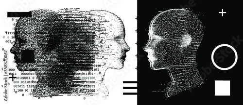 Artificial Intelligence and Virtual Reality concept. 3D human head made of pixels.