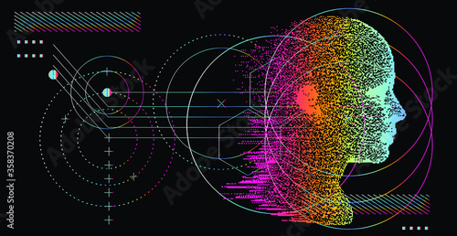 Artificial Intelligence and Virtual Reality concept. 3D human head made of pixels in neon holographic vivid colors on dark background.