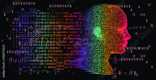 Artificial Intelligence and Virtual Reality concept. 3D human head made of pixels in neon holographic vivid colors on dark background.