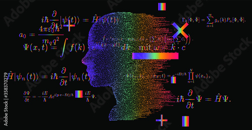 Artificial Intelligence and Virtual Reality concept. 3D human head made of pixels in neon holographic vivid colors on dark background.