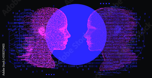 Artificial Intelligence and Virtual Reality concept. 3D human head made of pixels.