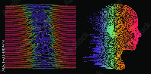 Artificial Intelligence and Virtual Reality concept. 3D human head made of pixels in neon holographic vivid colors on dark background.