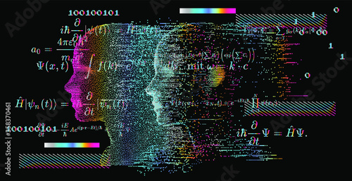 Artificial Intelligence and Virtual Reality concept. 3D human head made of pixels in neon holographic vivid colors on dark background.