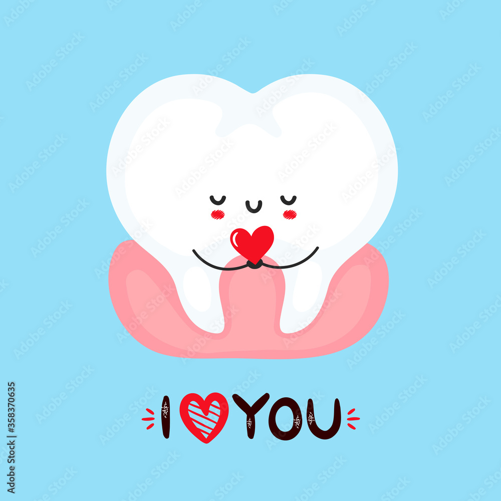 Cute smiling tooth holding heart in hands