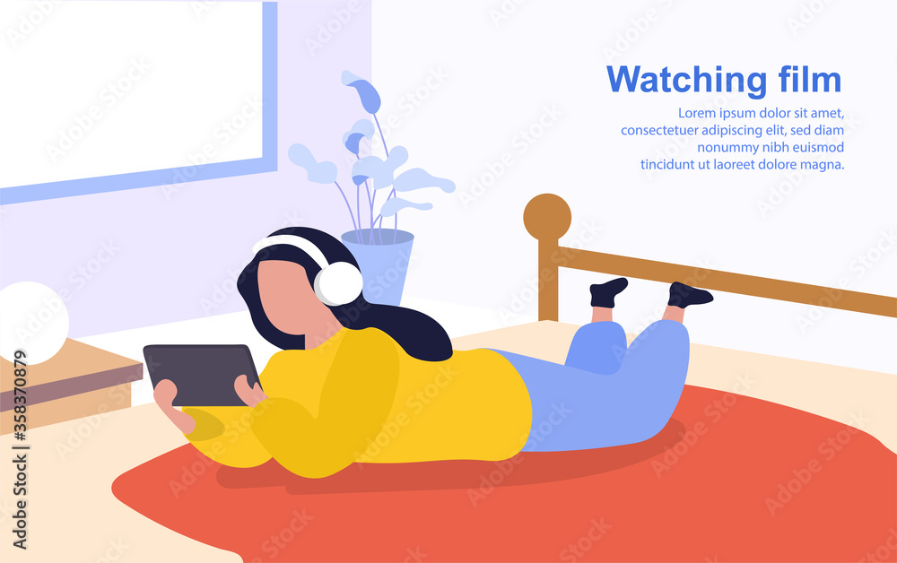 Young woman watching a film on a smartphone or tablet listening to the audio on headphones as she relaxes on her bed at home, colored vector illustration