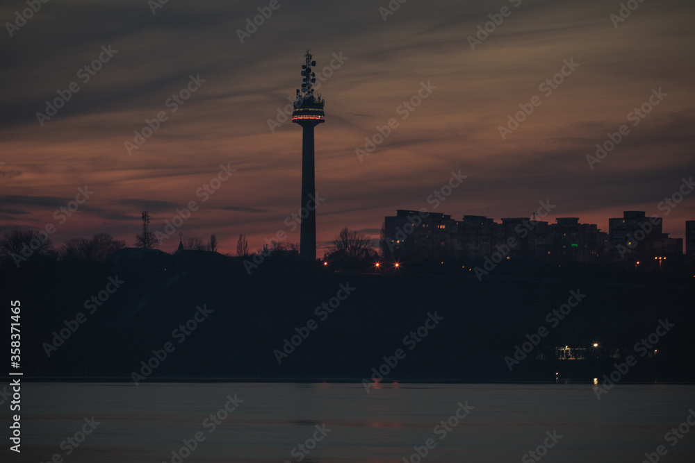 Television Tower and Danube River from Galati at sunset,Romania