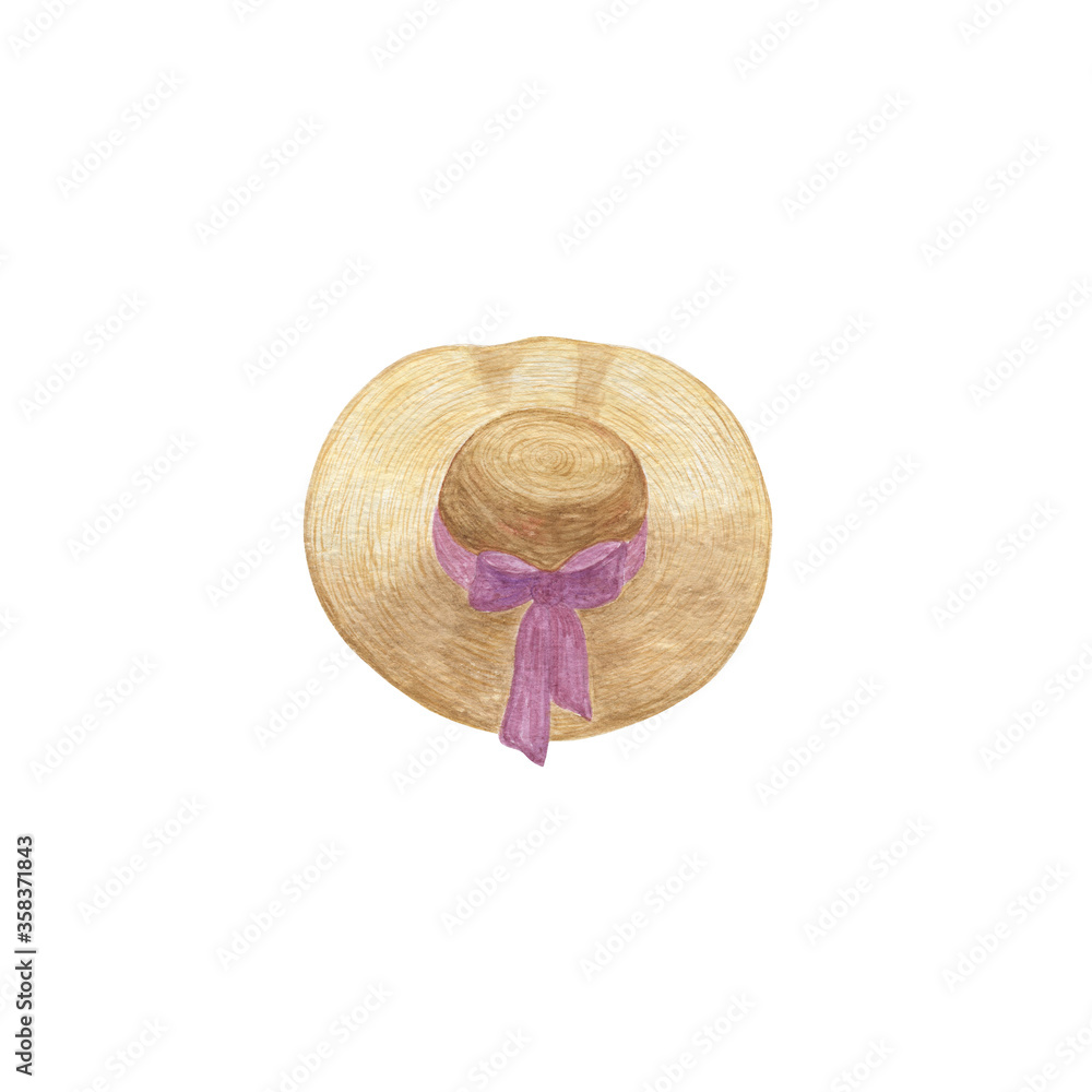 Summer protective hat with violet bow, women's beach accessory, isolated object, summer vacation, travel symbol, hand drawn watercolor illustration on white background for invitations, greeting cards Summer protective hat with violet bow, women's beach accessory, isolated object, summer vacation, travel symbol, hand drawn watercolor illustration on white background for invitations, greeting cards