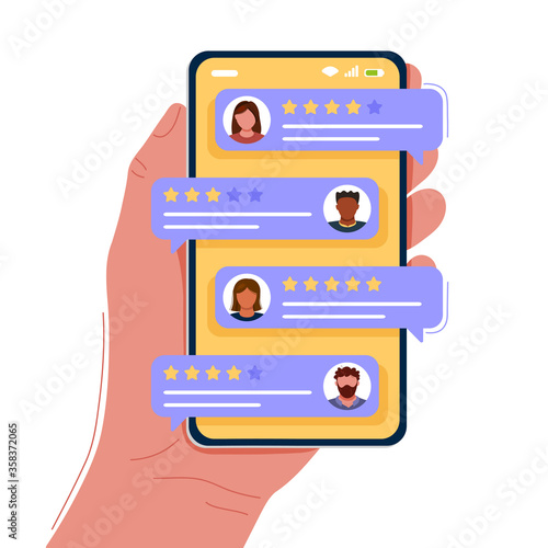 Hand with phone with customers ratings and reviews