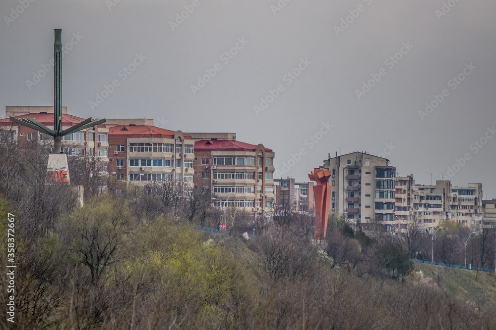 Cityscape of town Galati on Danube river from shore of Braila County, Romania
