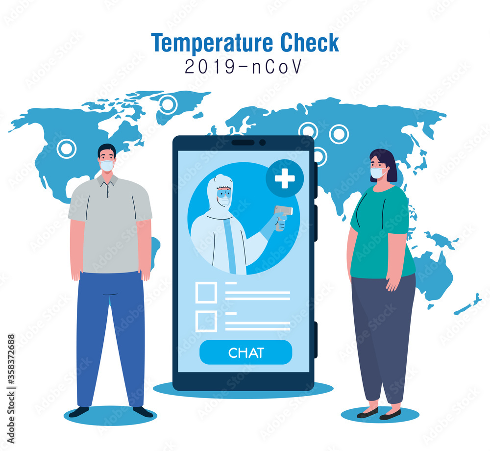 Fototapeta temperature check by non contact thermometer and smartphone, checking new technology, people in test vector illustration design