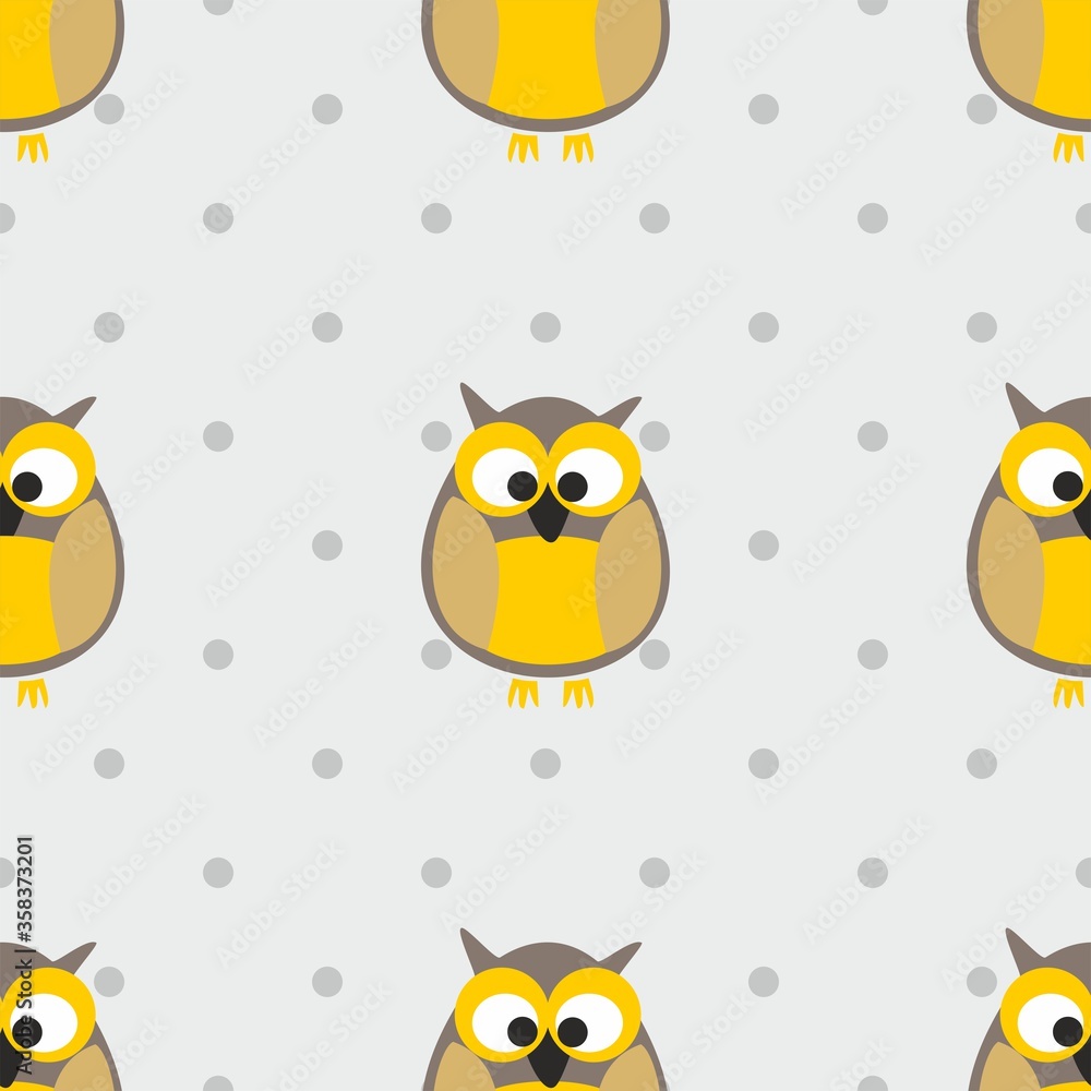 Tile vector pattern with polka dots and owls on grey background Tile vector pattern with polka dots and owls on grey background