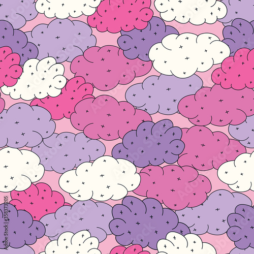 Fun cartoon clouds. Vector repeat. Great for home decor, wrapping, scrapbooking, wallpaper, gift, kids, apparel. 