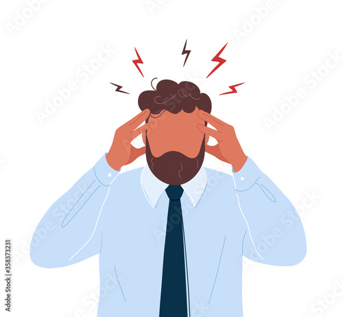 Office worker with headache touching his head