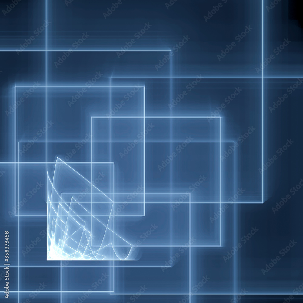 Abstract fractal geometric background with transparent squares. Squares are stacked on top of each other in random order. 3D rendering. 3D illustration.