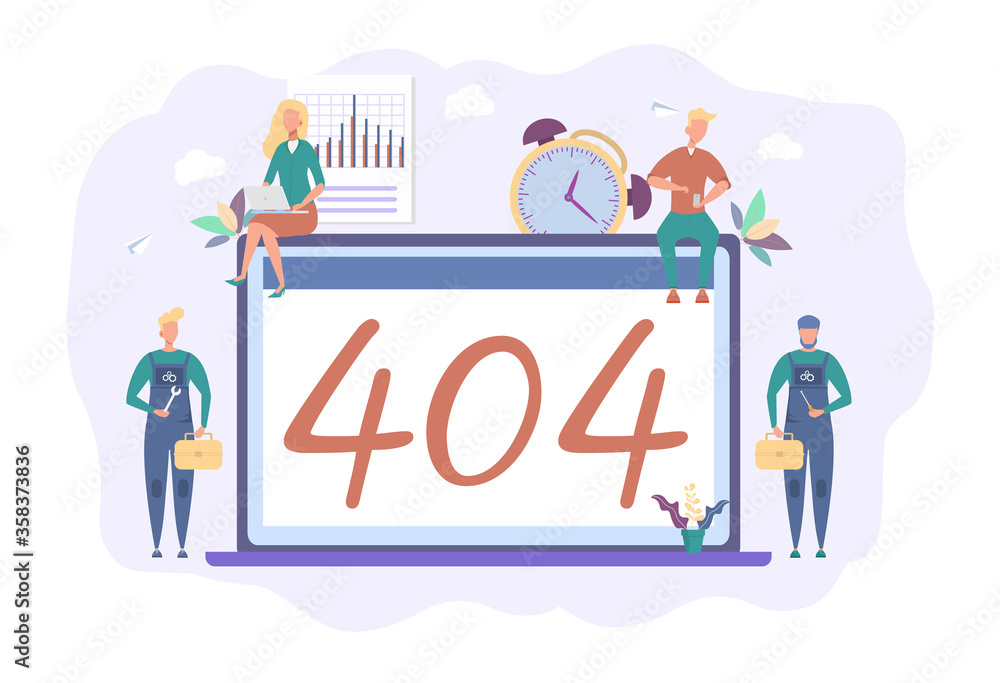 Error 404, disconnected from the Internet, not available. People connect to the internet. Colorful vector illustration.