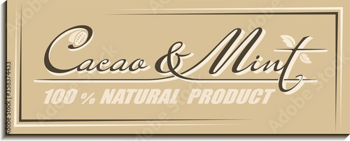 Calligraphic handwritten text Cacao & Mint with cocoa beans and spearmint leaves icon. Retro concept design of brand name lettering