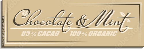 Calligraphic handwritten text Chocolate & Mint with cacao beans and spearmint leaves icon. Concept design of brand name lettering