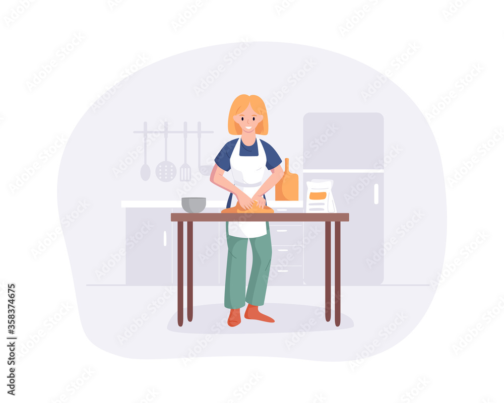 Young woman knead the dough on table in kitchen. Cute young girl preparing meals at home. Flat cartoon vector illustration culinary hobby show Young woman knead the dough on table in kitchen. Cute young girl preparing meals at home. Flat cartoon vector illustration culinary hobby show