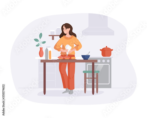 Adorable woman cooking on table in kitchen. Girl prepares cakes for baking. Culinary hobby vector concept. Front view interior scene in flat style