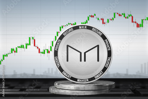 MAKER cryptocurrency; maker MKR coin on the background of the chart photo