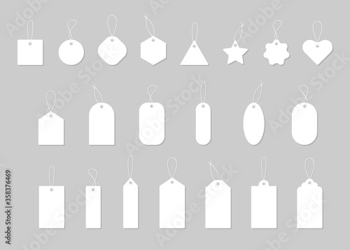 Set white tags and labels for sale  mockup frames. Blank template shopping labels. Paper blank  discount and price tags. Special offer. Gift tags in different shapes. Set of labels with ribbon. Vector