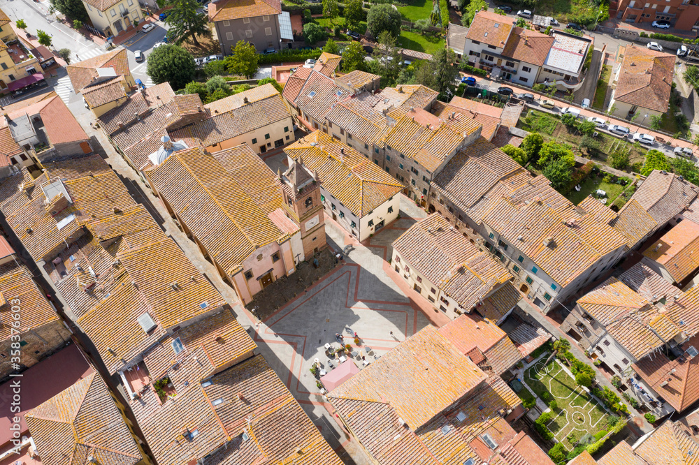 aerial view of the tourist town of montaione on the tuscan hills