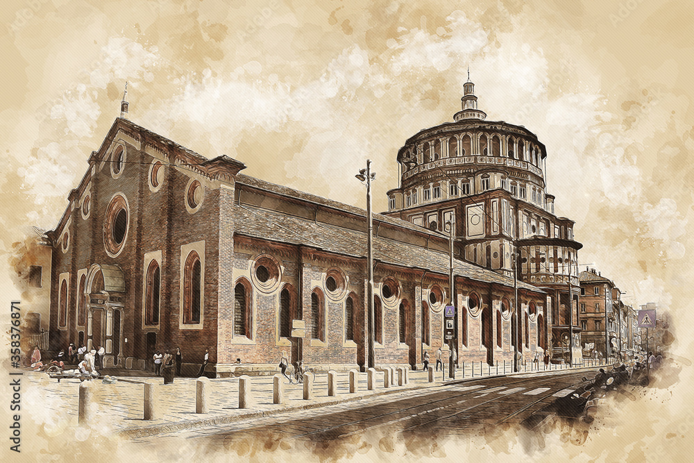 Santa Maria delle Grazie church in Milan, Italy, sketch drawing