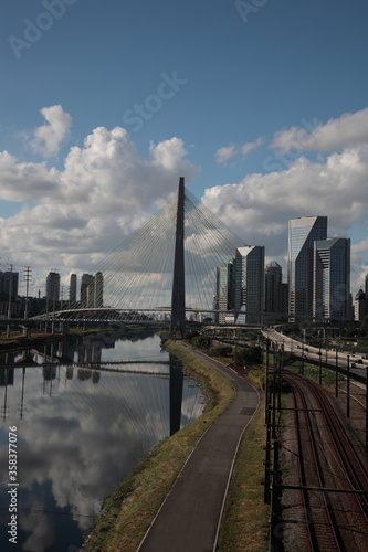 Octavio Frias de Oliveira Suspension Bridge over the Pinheiros River and Sao Paulo city skyline, Brazil 
