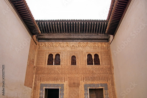 Alhambra or Red Castle in Granada spanish city, located on top of hill al-Sabika. Moorish palace fortress complex in Andalusia, Spain