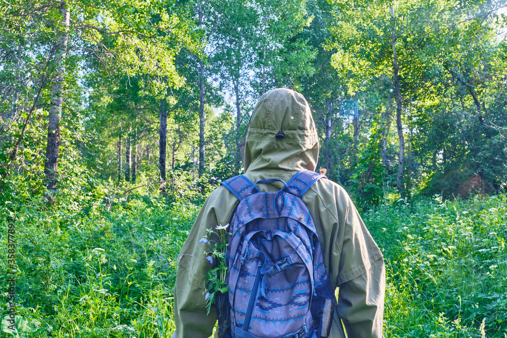 Active man in mosquito suit with backpack in hiking in a siberian forest, Russia.