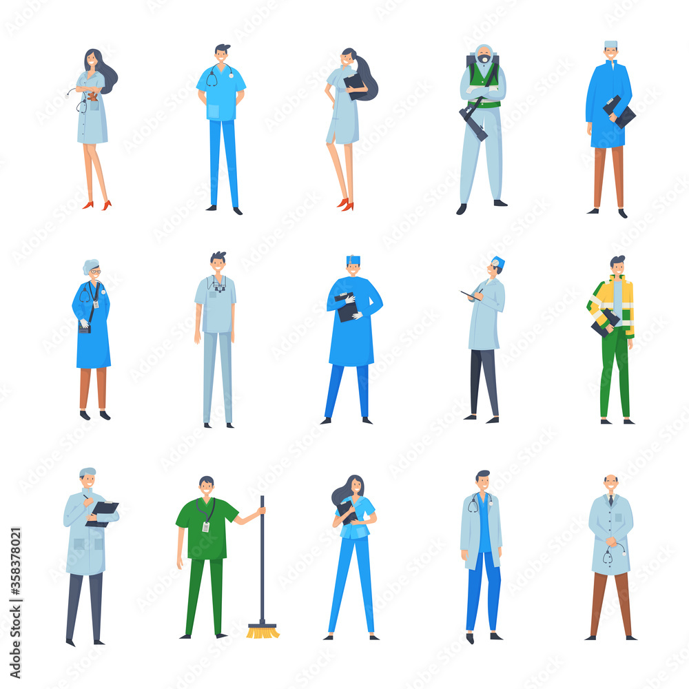 Big set of medical people. Group of male and female cartoon characters in hospital. Vector illustration in a flat style. Trendy people. Big set of medical people. Group of male and female cartoon characters in hospital. Vector illustration in a flat style. Trendy people.