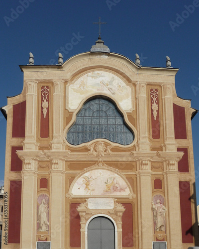 UNESCO World Heritage. Baroque painted facade of the church of San Salvatore. Historic city of Genoa. Liguria. Italy.