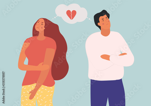Divorce, misunderstanding or family break up concept with a man and woman standing ignoring each other and a broken heart in the middle, colored vector illustration