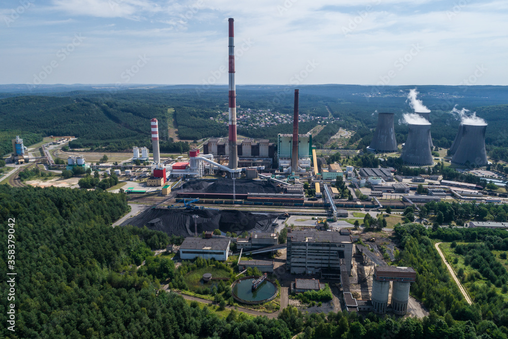 Chimneys and big heating plant powerhouse Siersza Trzebinia Poland aerial drone