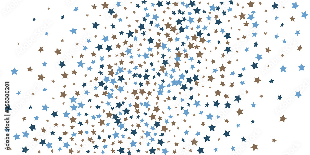 Confetti of shooting stars. Blue, beige stars. Luxury holiday background. Abstract texture on a white background. Design element. Vector illustration, eps 10.