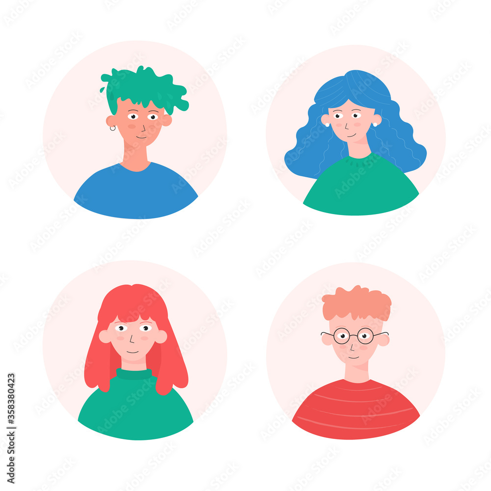 Collection of faces. Avatars of fashionable and different young people, girls and boys. Flat design elements, fashionable males and females portraits. Modern style heads set. Collection of faces. Avatars of fashionable and different young people, girls and boys. Flat design elements, fashionable males and females portraits. Modern style heads set.
