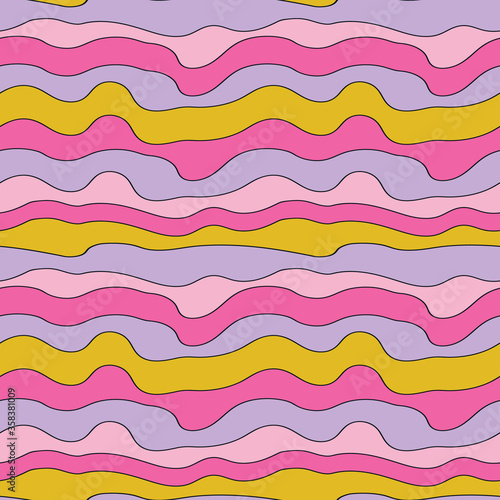 Wavy, psychedelic 70s lines. Vector repeat. Great for home decor, wrapping, scrapbooking, wallpaper, gift, kids, apparel. 
