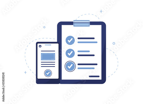 Vector illustration of a to-do list and mobile phone. List of work performed, preparation of the questionnaire, filling out documents. Confirmation of information. Blue notebook, tablet. Eps 10