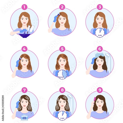 Hair dyeing icons set. How to dye hair at home tutorial. Step-by-step instruction for hair coloring process. Beauty procedure. Apply color creme on hair with brush. Isolated flat vector illustration.